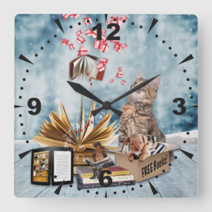 Free Books with a Christmas Kitten Square Wall Clock