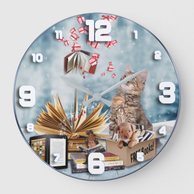 Free Books with a Kitten Large Clock (Front)