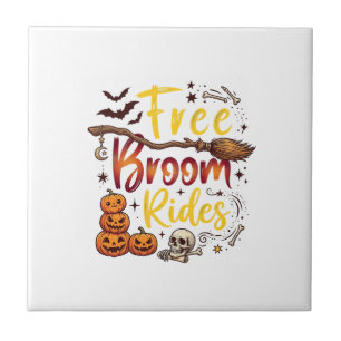 Free Broom Rides Halloween Pumpkins Skull Bats Bon Ceramic Tile