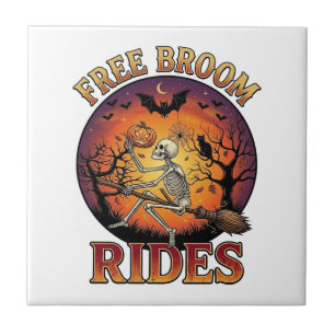 Free Broom Rides Halloween Skeleton Pumpkin Black Ceramic Tile
