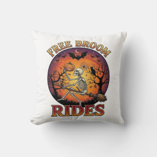 Free Broom Rides Halloween Skeleton Pumpkin Black Cushion