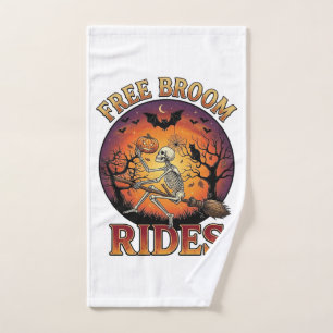 Free Broom Rides Halloween Skeleton Pumpkin Black Hand Towel