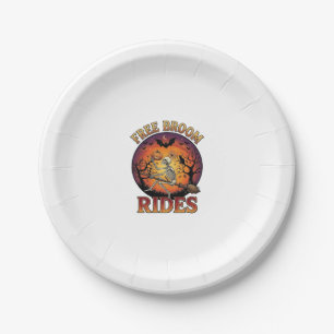 Free Broom Rides Halloween Skeleton Pumpkin Black Paper Plate