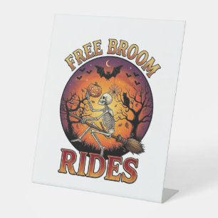 Free Broom Rides Halloween Skeleton Pumpkin Black Pedestal Sign