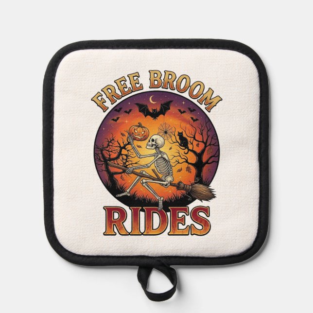 Free Broom Rides Halloween Skeleton Pumpkin Black  Pot Holder (Front)