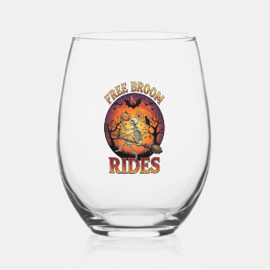 Free Broom Rides Halloween Skeleton Pumpkin Black Stemless Wine Glass