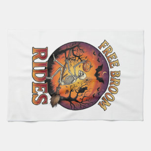Free Broom Rides Halloween Skeleton Pumpkin Black  Tea Towel