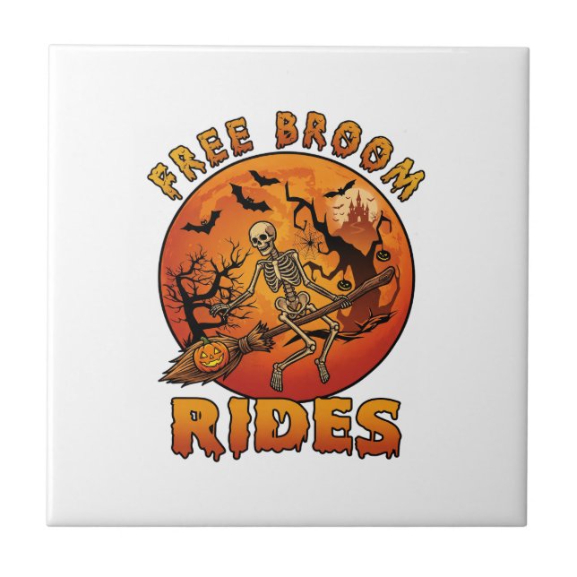 Free Broom Rides Halloween Skeleton Pumpkin Orange Ceramic Tile (Front)