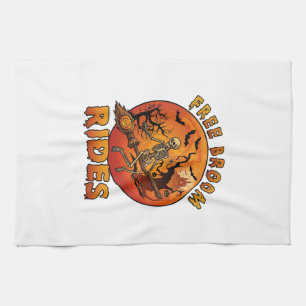Free Broom Rides Halloween Skeleton Pumpkin Orange Tea Towel