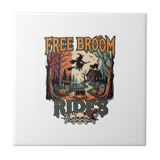 Free Broom Rides Halloween Witch Cat Skulls_1 Ceramic Tile (Front)