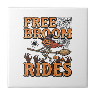 Free Broom Rides Halloween Witch Skeleton Design_1 Ceramic Tile
