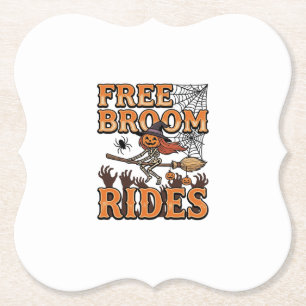 Free Broom Rides Halloween Witch Skeleton Design_1 Paper Coaster