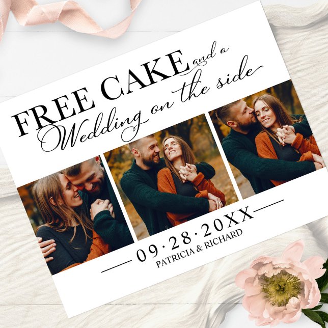 Free Cake Funny Wedding Save The Date 3 Photo Postcard (Creator Uploaded)