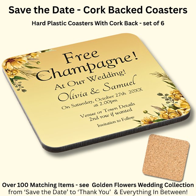 Free Champagne Golden Yellow Flowers Cork Backed Coaster (Creator Uploaded)