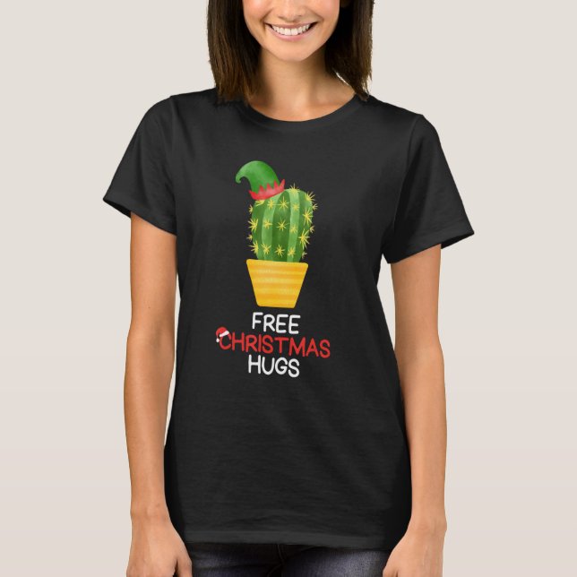 Free Christmas Hugs Cactus T-Shirt (Front)