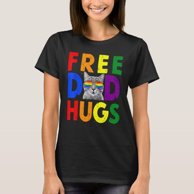 Free Dad Hugs Purride Proud Ally Cat Rainbow Flag  T-Shirt (Front)