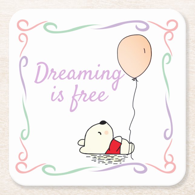 Free Dreams Bear with Balloons Square Paper Coaster (Front)