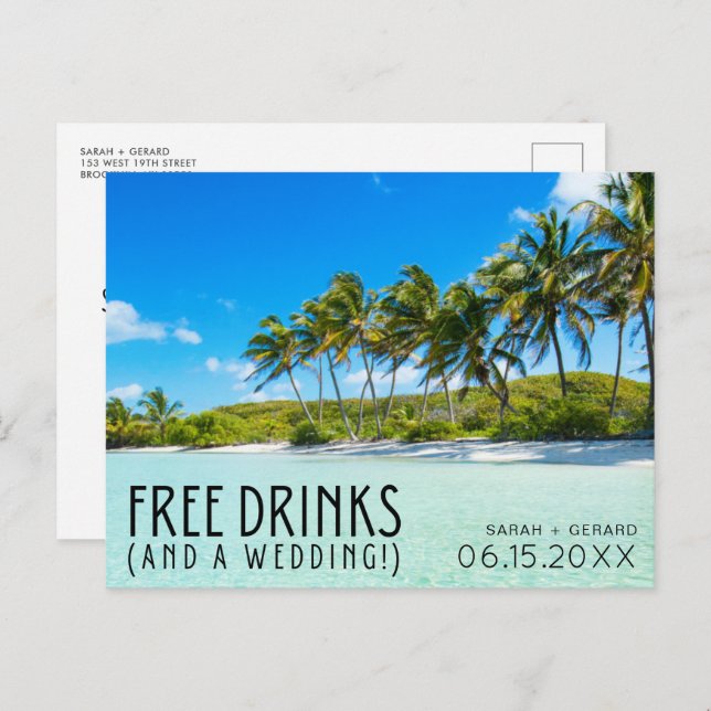 Free Drinks Beach Wedding Save the Date Announcement Postcard (Front/Back)
