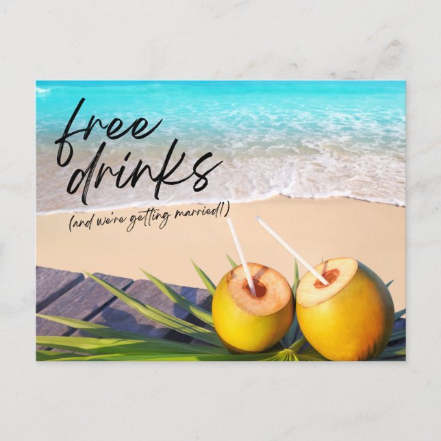 Free Drinks Beach Wedding Save the Date Announcement Postcard (Front)