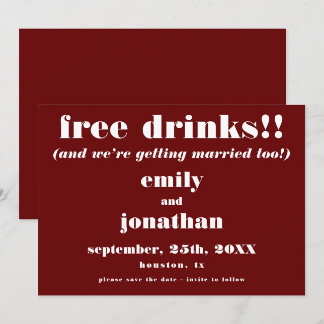 Free Drinks Casual Burgundy Wedding Save The Date (Front/Back)