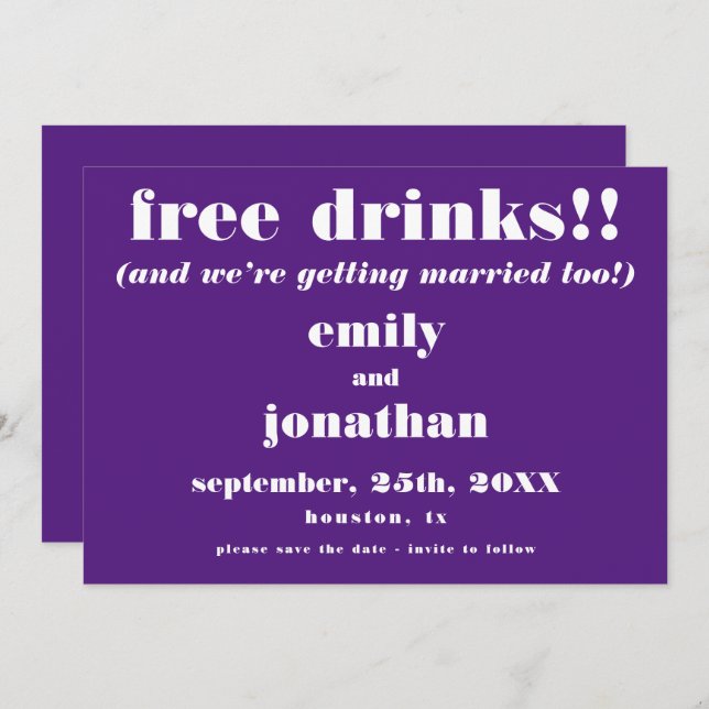 Free Drinks Casual Purple Wedding Save The Date (Front/Back)