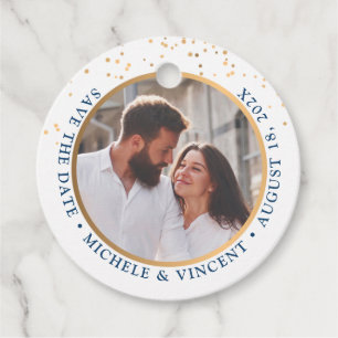 Free Drinks Casual Save The Date Blue Gold Photo  Favour Tags