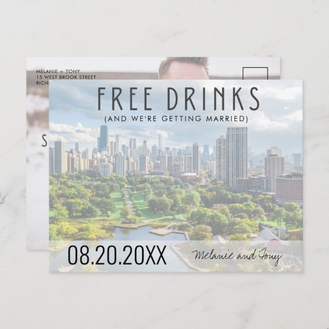 Free Drinks Chicago Skyline Wedding Save the Date Announcement Postcard (Front/Back)