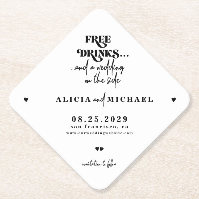 Free drinks funny modern wedding save the date paper coaster (Front)