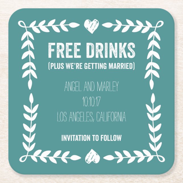 Free Drinks Getting Married Save the Date Coaster (Front)