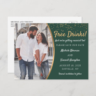 Free Drinks Green Gold Photo Casual Save The Date  Postcard