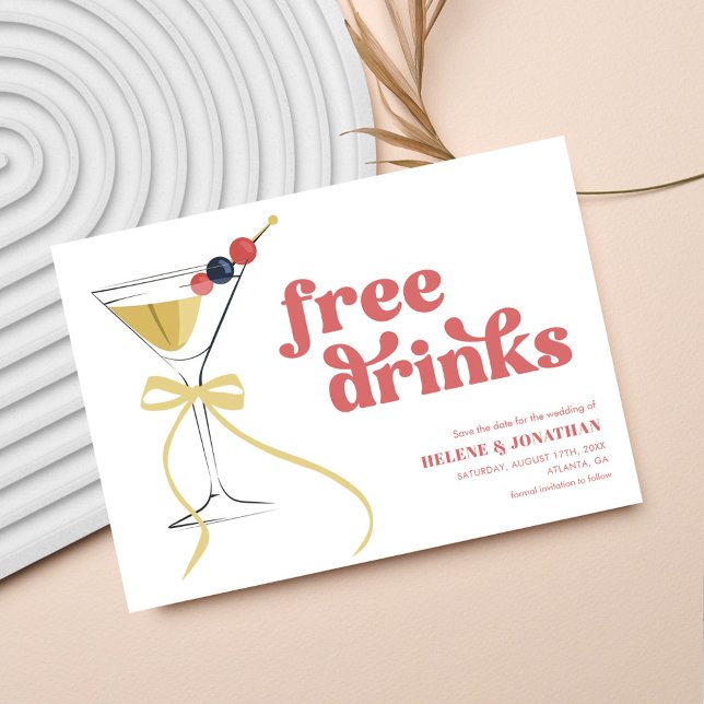 Free Drinks Martini Bow Modern Elegant Wedding Save The Date (Free Drinks Martini Bow Modern Elegant Wedding Save The Date)