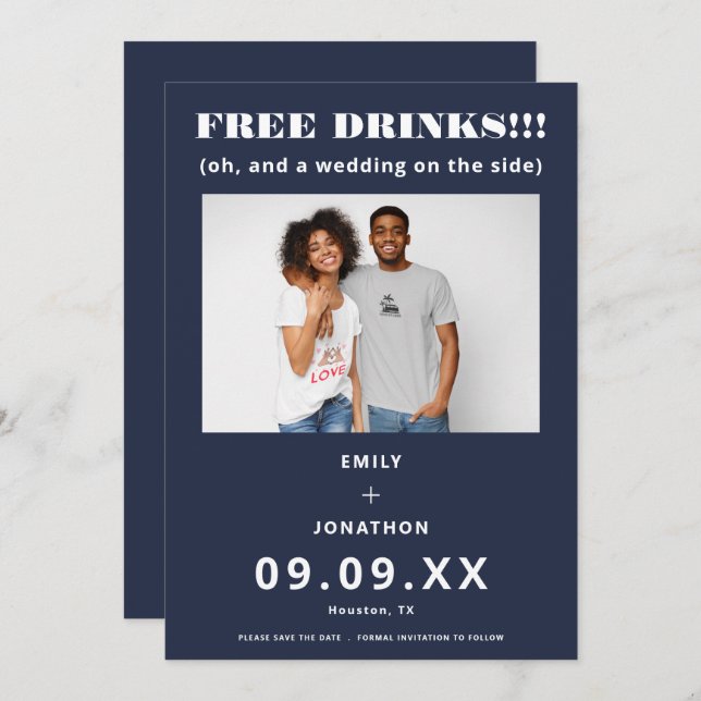 Free Drinks Photo Casual Navy White Save The Date (Front/Back)