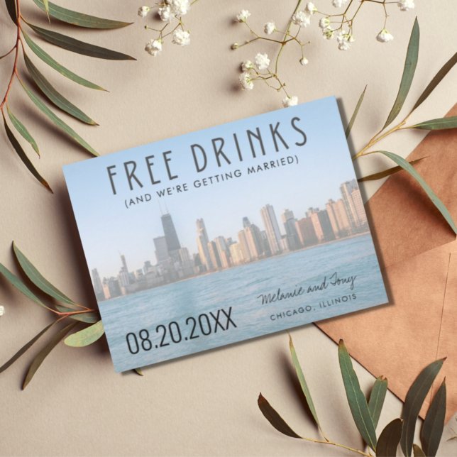 Free Drinks Photo Chicago Wedding Save the Date Announcement Postcard (Creator Uploaded)