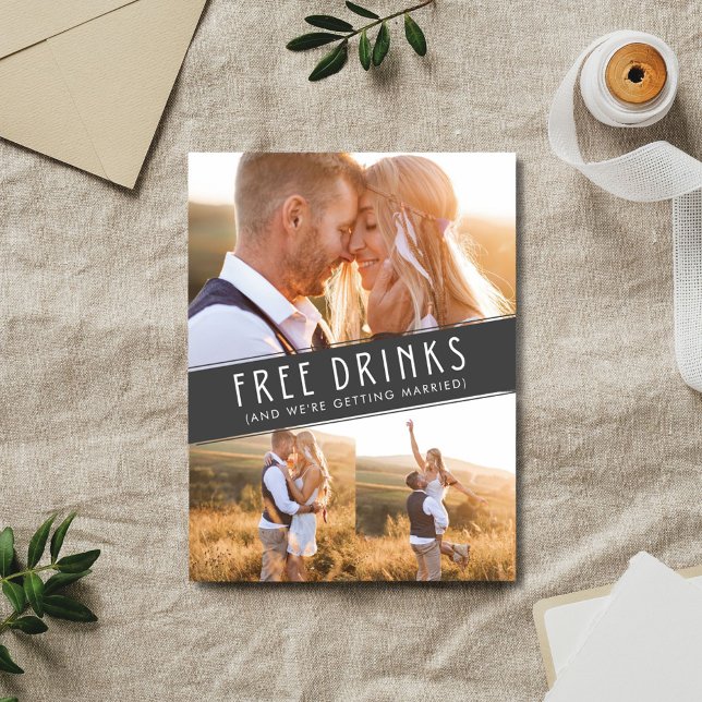Free Drinks Photo Collage Wedding Save the Date Announcement Postcard (Funny Open Bar Wedding save the dates)