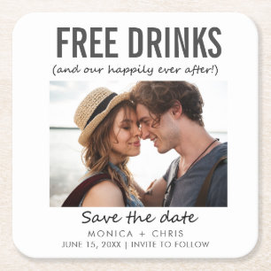 Free Drinks Photo Wedding Save the Date Square Paper Coaster