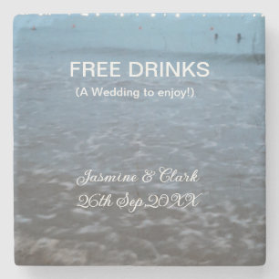 Free drinks save the date beach wedding add name  stone coaster