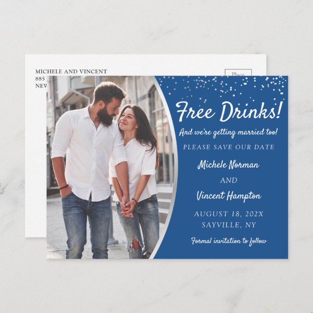 Free Drinks Silver Blue Photo Casual Save The Date Postcard (Front/Back)