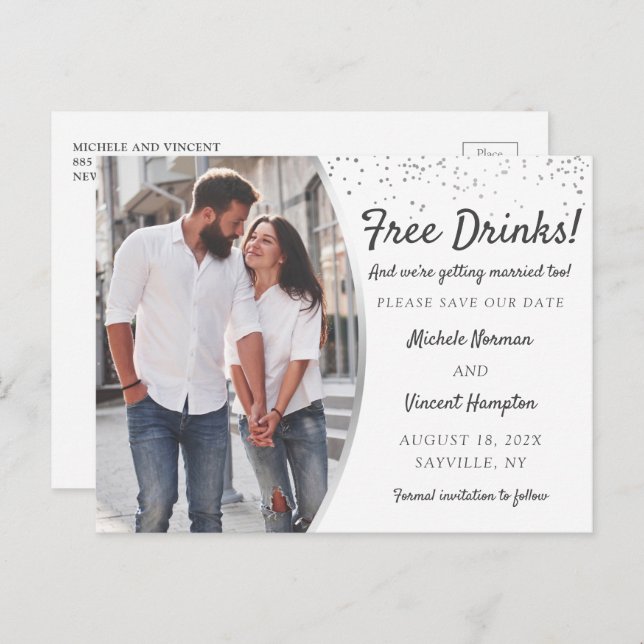 Free Drinks Silver Photo Casual Save The Date Postcard (Front/Back)