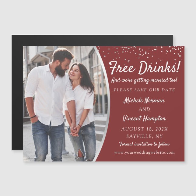 Free Drinks Silver Red Photo Save The Date Magnet (Front/Back)