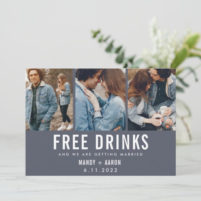 Free Drinks Three Photo Wedding Save the Date (Standing Front)