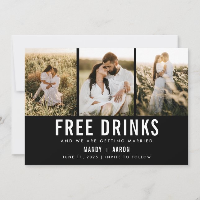 Free Drinks Three Photo Wedding Save the Date (Front)