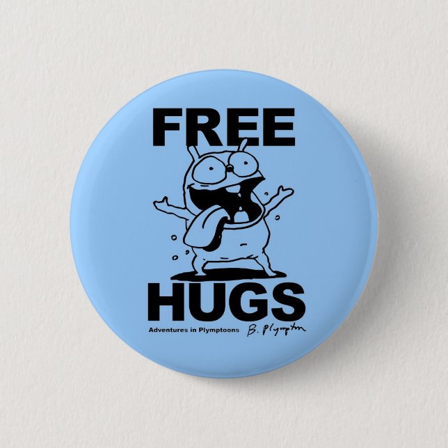 "Free Hugs" Bill Plympton Dog button blue (Front)