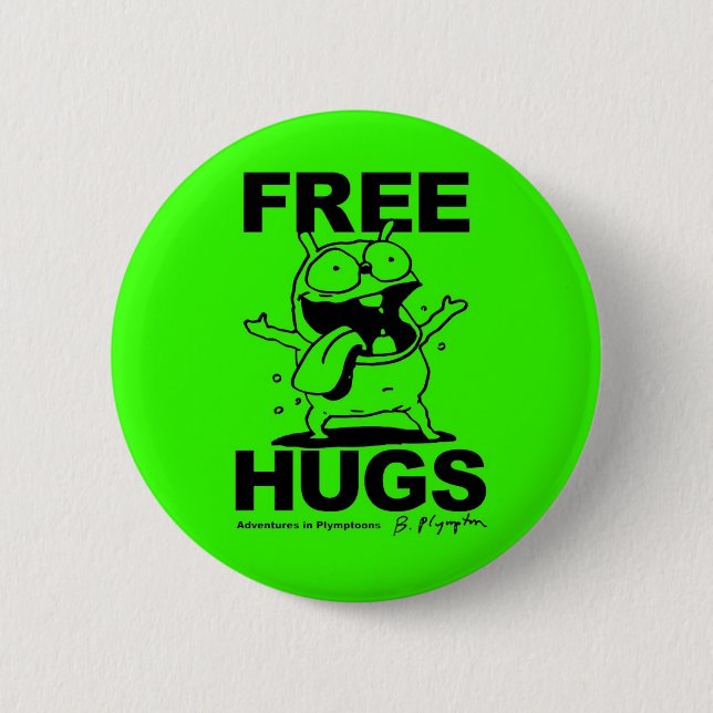 "Free Hugs" Bill Plympton Dog button green (Front)