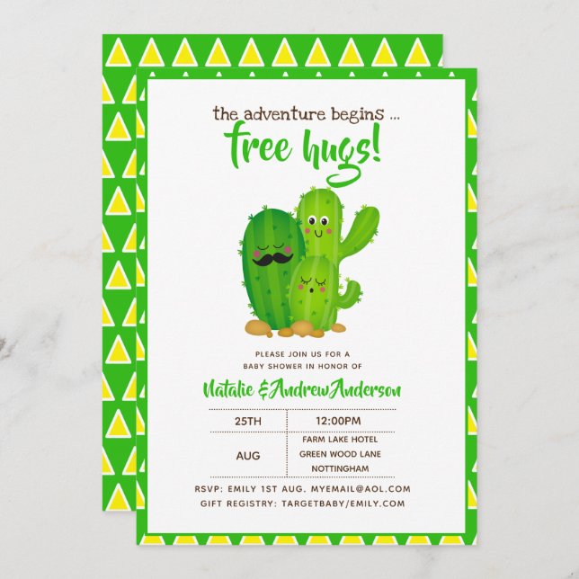 Free Hugs Cacti Family Modern Yellow Green Invitation (Front/Back)
