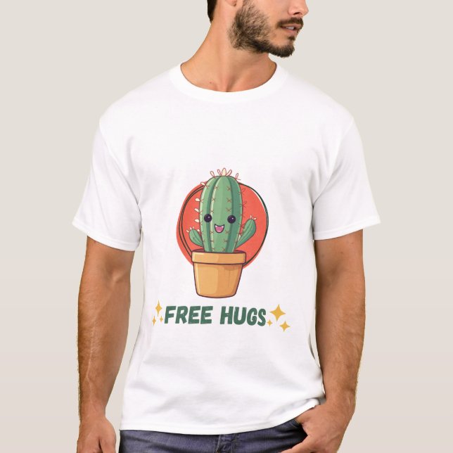 Free Hugs Cactus Funny T-shirt for Men (Front)