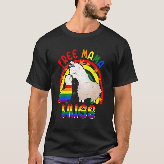 Free Mama Hugs Two Llamas Proud Lgbt Rainbow Famil T-Shirt (Front)