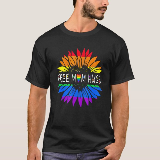 Free Mum Hugs Gay Pride Lgbt Daisy Rainbow Flower  T-Shirt (Front)