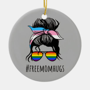 Free Mum Hugs IV - Messy Bun Rainbow Gay Trans Ceramic Ornament