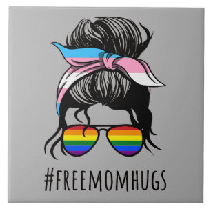 Free Mum Hugs IV - Messy Bun Rainbow Gay Trans Ceramic Tile