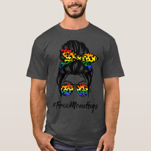 Free Mum Hugs Messy Bun Transgender Pride Rainbow  T-Shirt